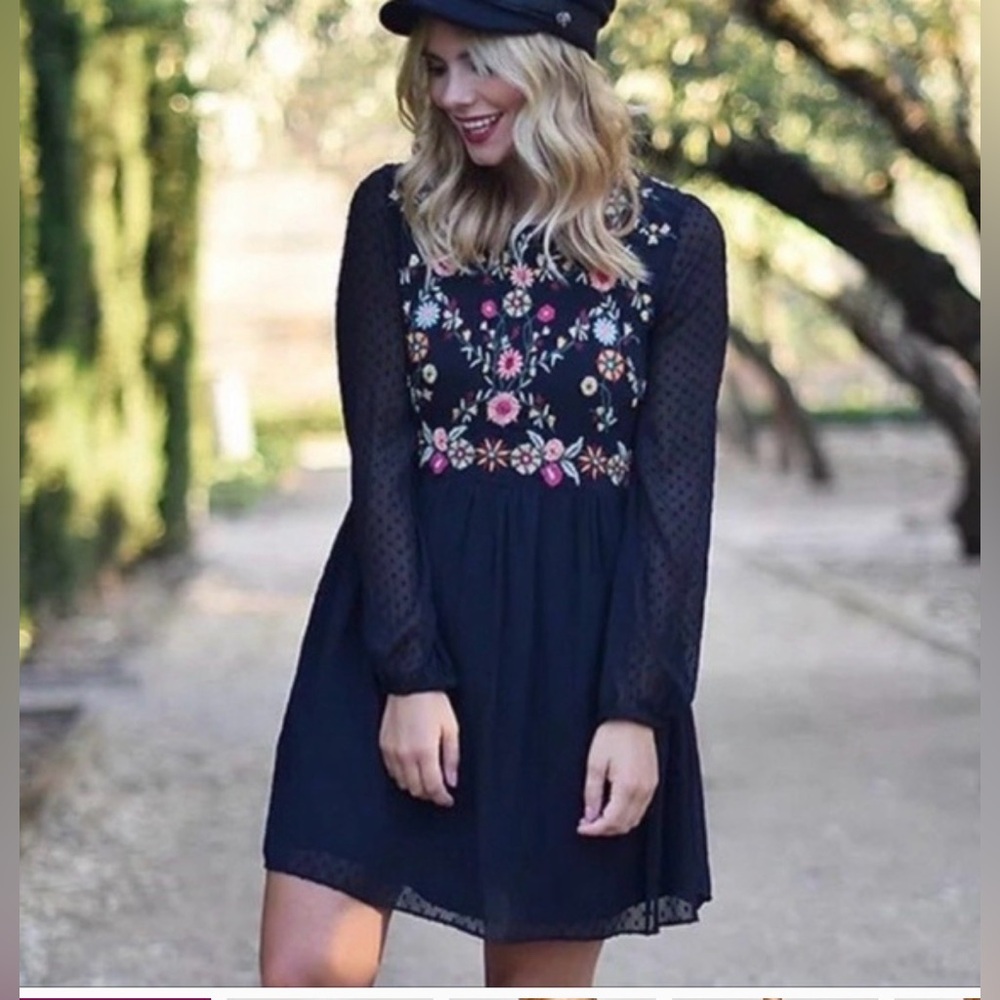 Zara Black Dress with Colorful Floral Embroidery